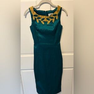 Bettie Page Tatyana limedrop pencil pinup teal satin midi womens dress s small
